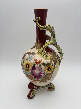 Vintage Hand Painted Floral Ceramic Vase Ewer Pitcher Ornate Handle 3-Foot Base